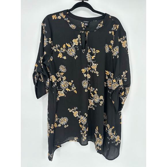 Torrid Georgette Keyhole Neck Sheer Top Floral Tunic Size 1X Flowy Office Black - Picture 2 of 8